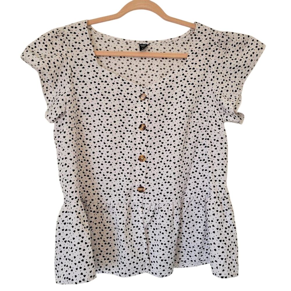 Shein Curve Heart Print Peasant Prairie Peplum Blouse